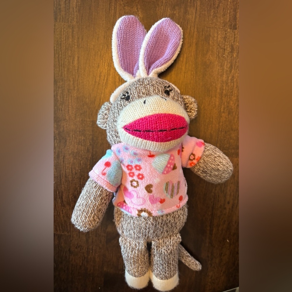 Plush Sock Monkey w Pink Floral Shirt Purple Bunny Ears Dan Dee Stuffed Animal